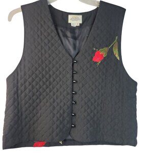 Susan Bristol Size 8 Winter Rose Quilted Vest Floral Button Black USA Deadstock
